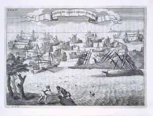 Seize navires pirates au service des Turcs coulés par les Italiens dans leurs galions et galéasses, illustration de 